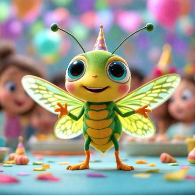 The primary subject of the image is a green and yellow toy insect, possibly a grasshopper or a dragonfly, standing on a table. The setting is a celebration, as evidenced by the presence of balloons and a cake. The visual style is a combination of photo and digital art, creating a unique and vibrant appearance. The colors and mood of the image are lively and cheerful, with the green and yellow toy insect being the focal point of the scene.